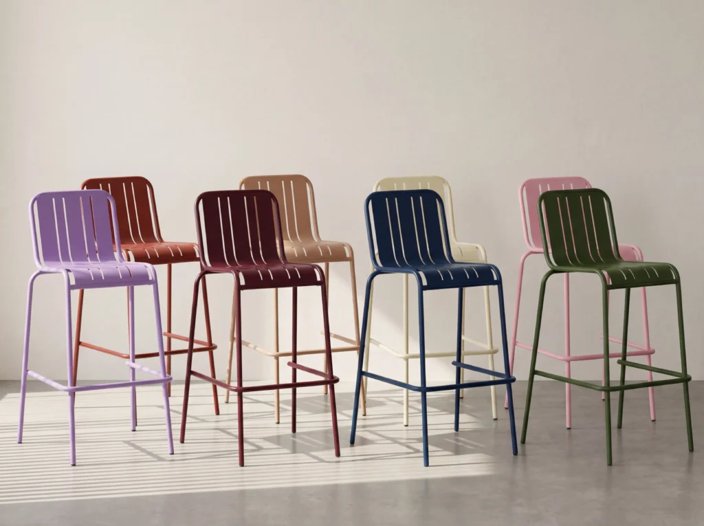 Sillas de bar de metal con recubrimiento en polvo en colores burdeos, azul, oliva, rosa y neutros