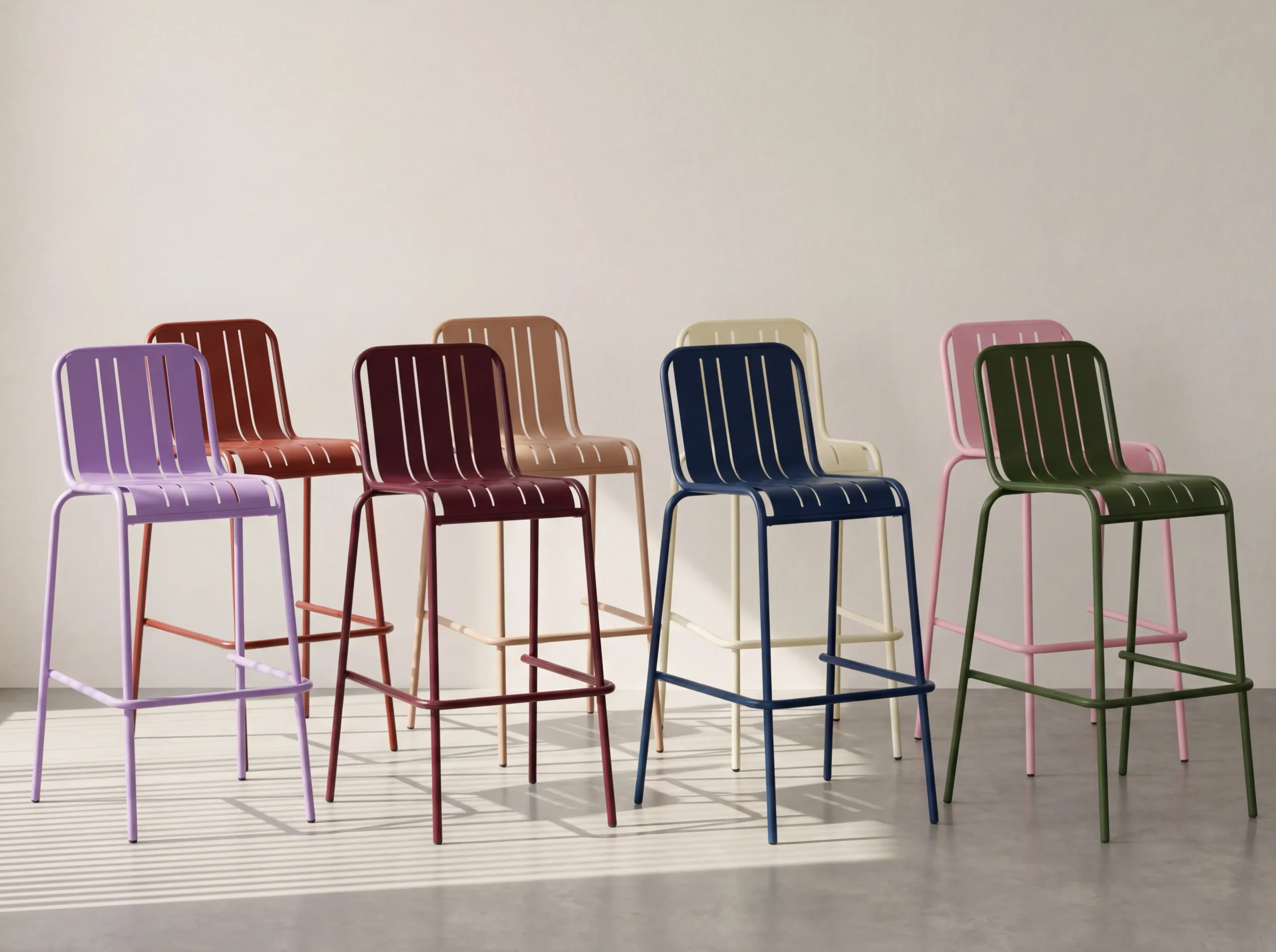 Metalen barstoelen met poedercoating in bordeaux, blauw, olijf, roze en neutrale kleuren