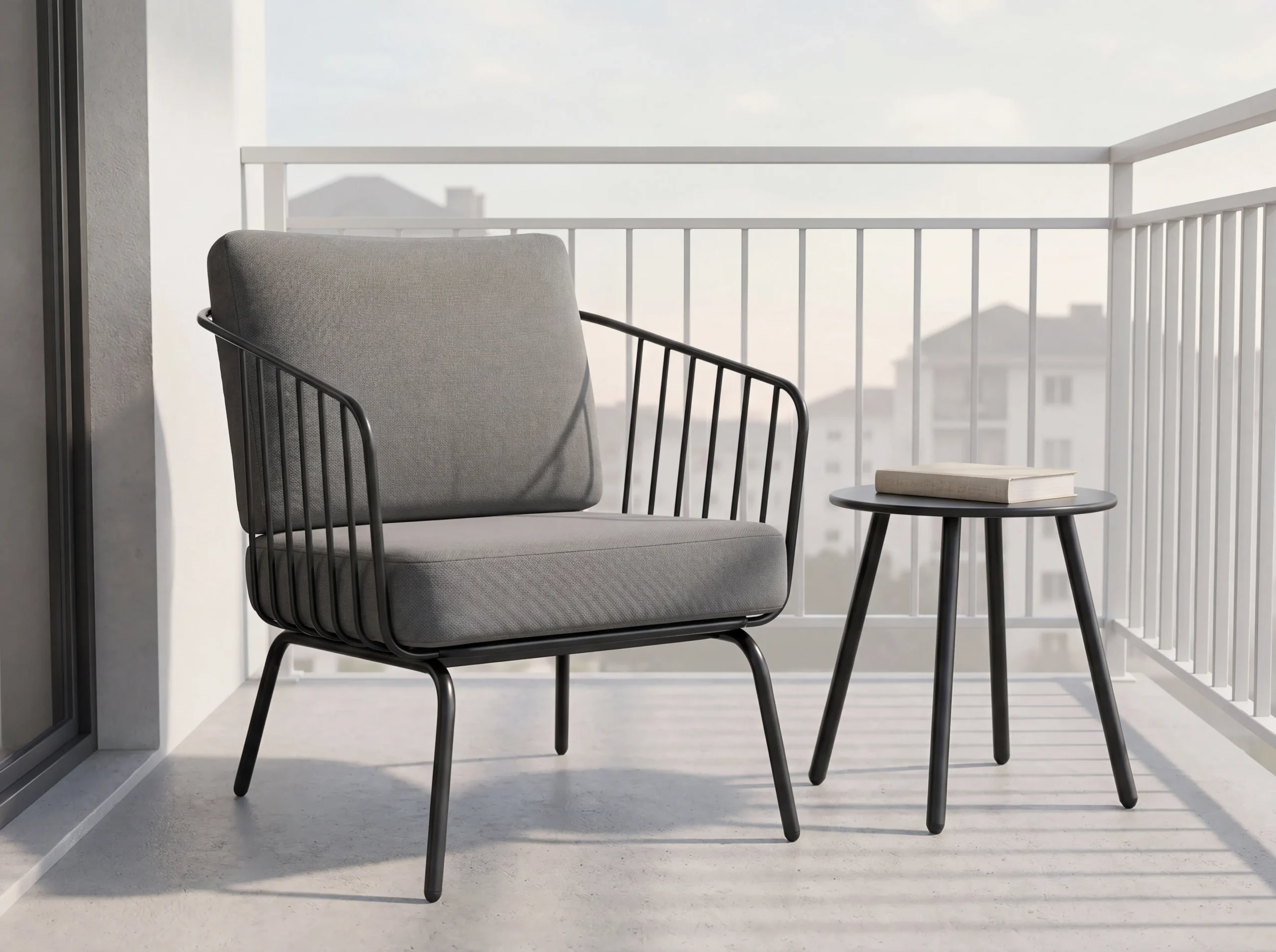 Fauteuil d'extérieur en métal à lattes verticales noir mat avec dossier ergonomique à 105° et coussin gris imperméable
