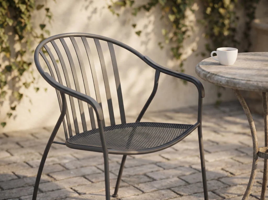 Matte Charcoal Gray Carbon Steel Slatted Back Perforated Mesh Seat Outdoor Dining Armchair