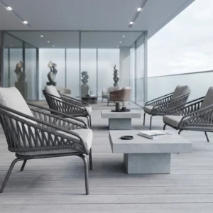 Fauteuil de salon d'extérieur en corde tissée gris anthracite mat avec coussins amovibles