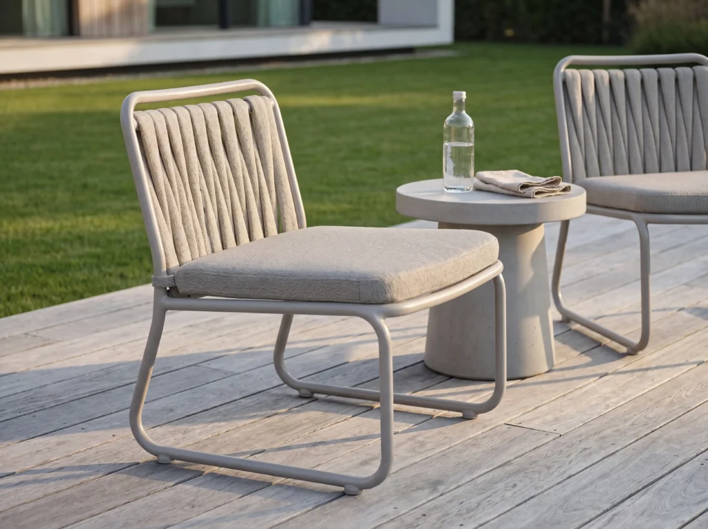 Matte Light Gray Sled Base Vertical Strap Woven Outdoor Lounge Chair with Removable Cushion