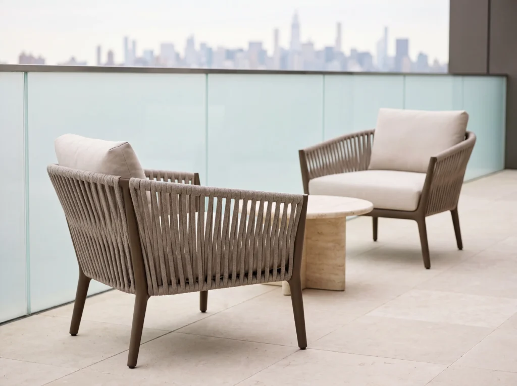 Fauteuil de salon d'extérieur en corde tissée verticale, cadre en acier au carbone, Bronze mat, Beige clair, avec coussins amovibles