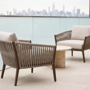Fauteuil de salon d'extérieur en corde tissée verticale, cadre en acier au carbone, Bronze mat, Beige clair, avec coussins amovibles
