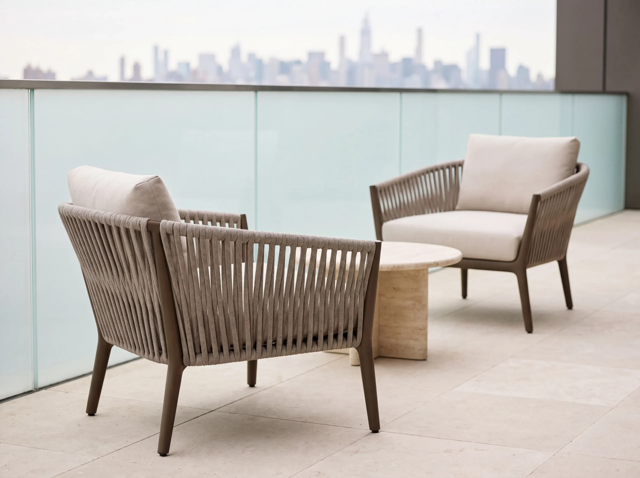 Fauteuil de salon d'extérieur en corde tissée verticale, cadre en acier au carbone, Bronze mat, Beige clair, avec coussins amovibles
