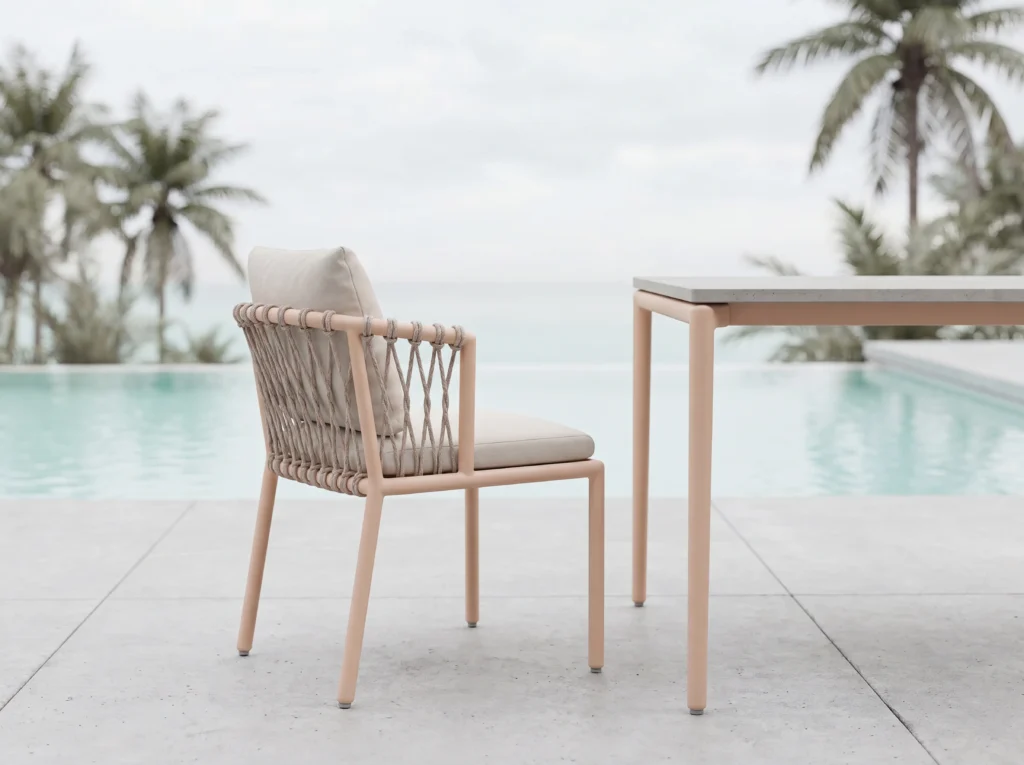 Silla de comedor al aire libre sin brazos moderna tejida con cuerdas