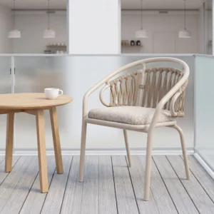 Fauteuil d'extérieur en corde tressée à cadre rond beige clair avec cadre en aluminium enduit de poudre et coussin amovible