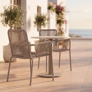 Fauteuil de salle à manger extérieur en corde tissée plate verticale en acier au carbone taupe mat