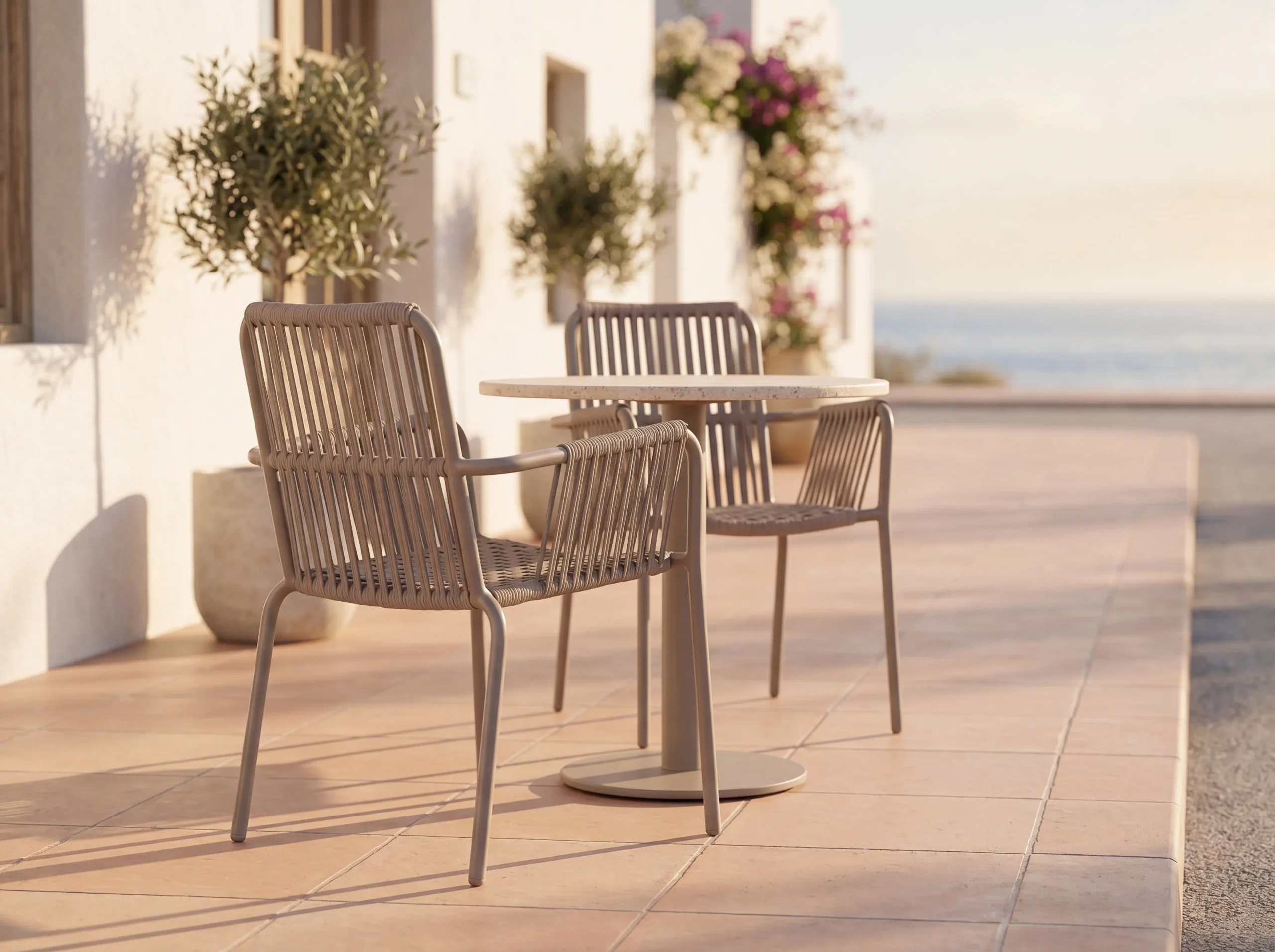 Sedia outdoor con struttura metallica tortora opaca e corda intrecciata verticalmente