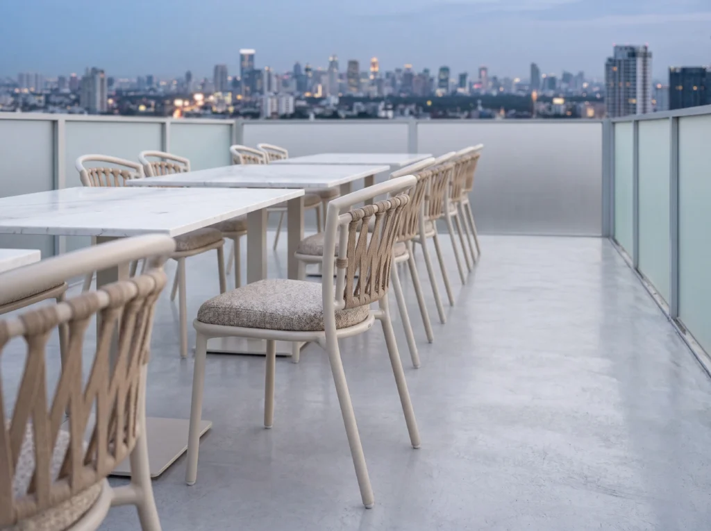 Matte Off-White V-Shaped Woven Rope Armless Outdoor Dining Chair with Removable Cushion