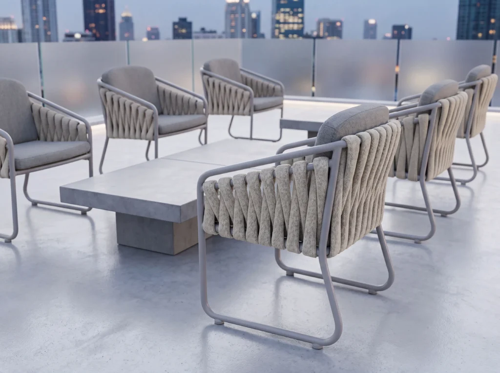 Matte Light Gray Sled Base Double-Sided Woven Rope Outdoor Armchair with Removable Cushion
