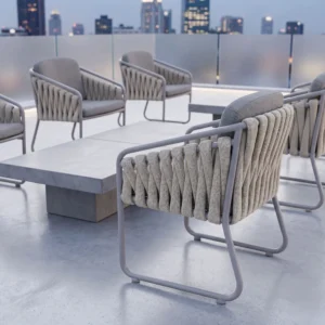 Fauteuil d'extérieur en corde tressée double face avec base luge gris clair mat avec coussin amovible