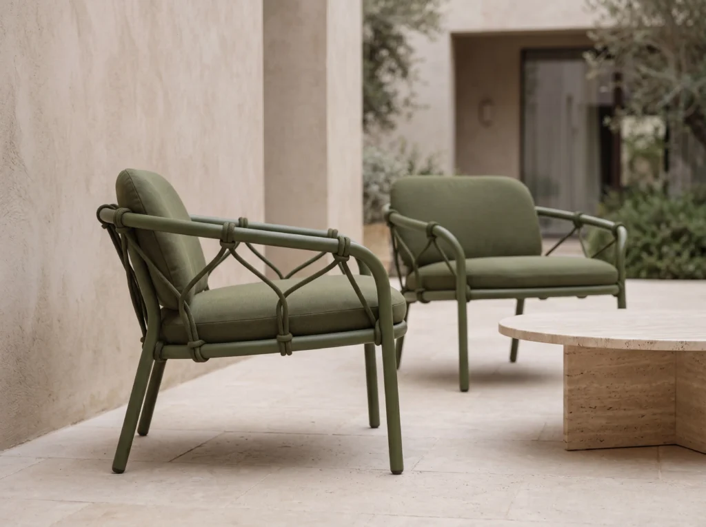 Fauteuil de salon d'extérieur en acier au carbone vert olive mat avec coussins amovibles