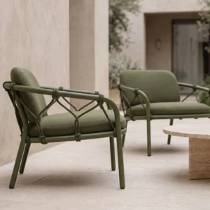 Fauteuil de salon d'extérieur en acier au carbone vert olive mat avec coussins amovibles