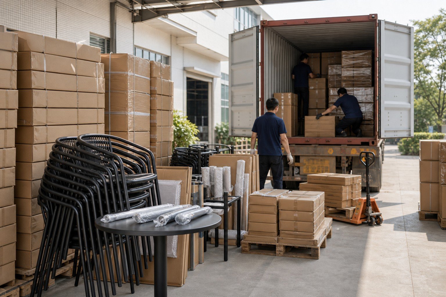 Chargement de conteneurs de meubles d'extérieur avec des cartons de chaises empilables et emballage d'exportation