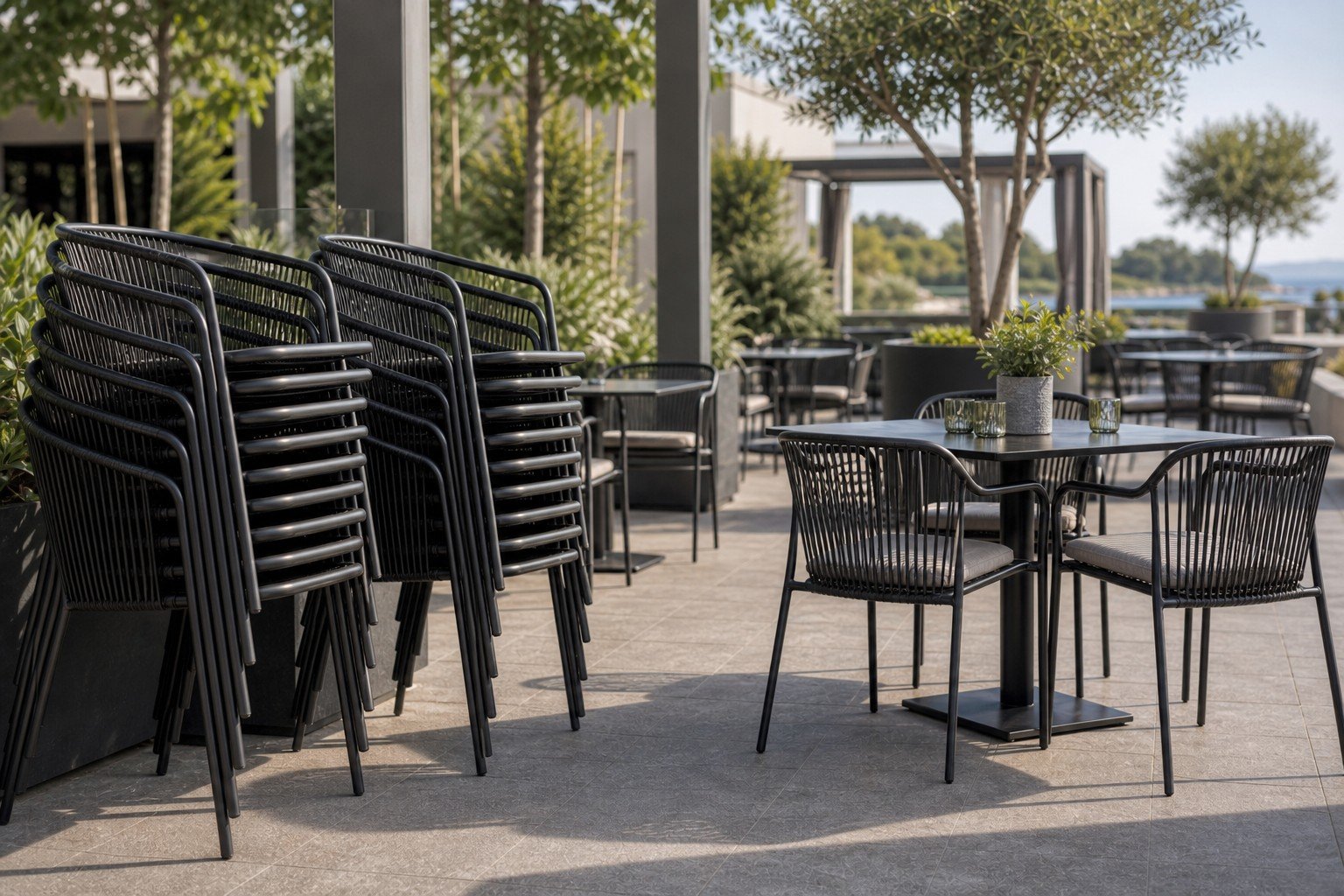 Chaises de salle à manger d'extérieur empilables en gros pour les projets de terrasses commerciales